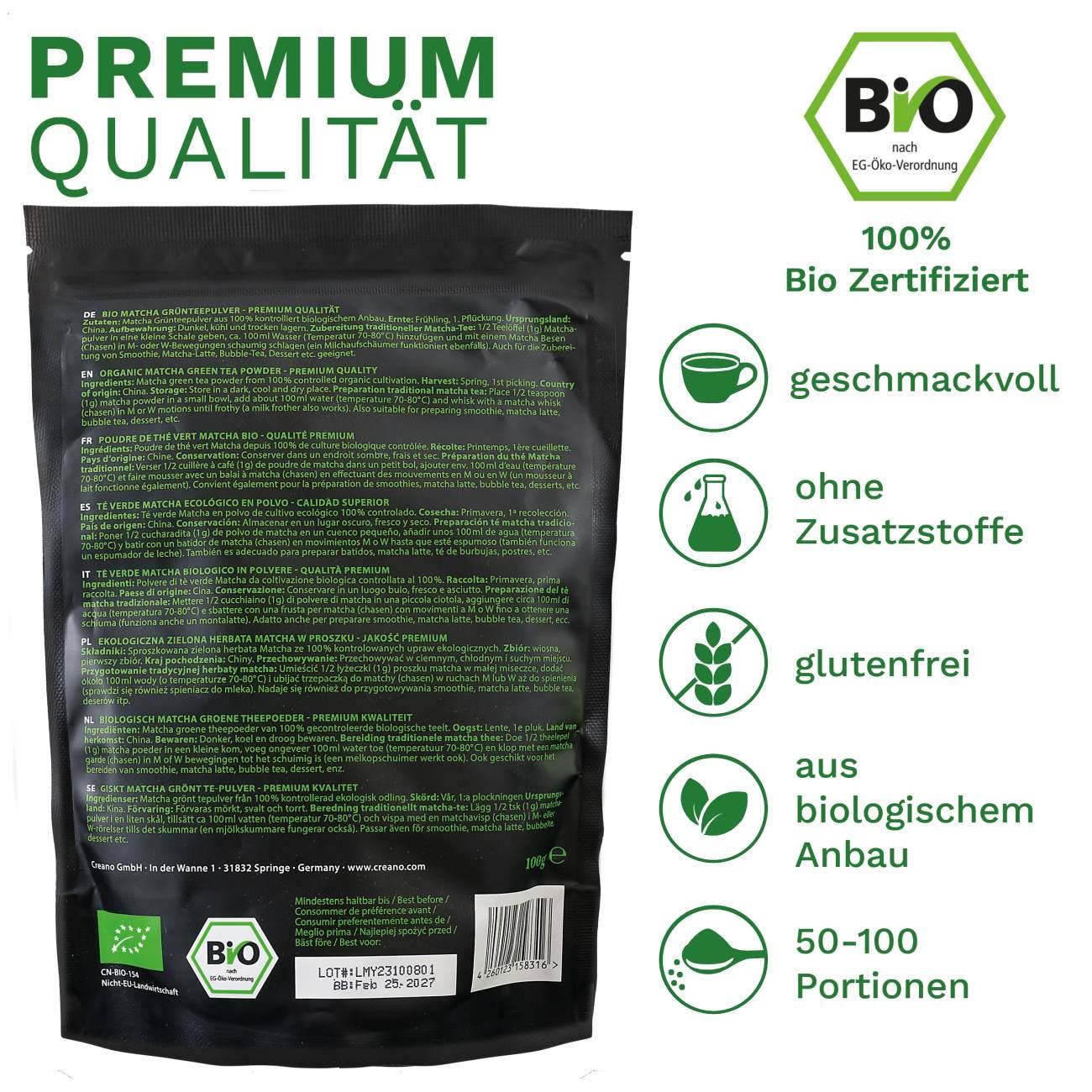 Creano Ekologiška Matcha Arbata - Premium Žalioji Arbata 100 g - Image 5