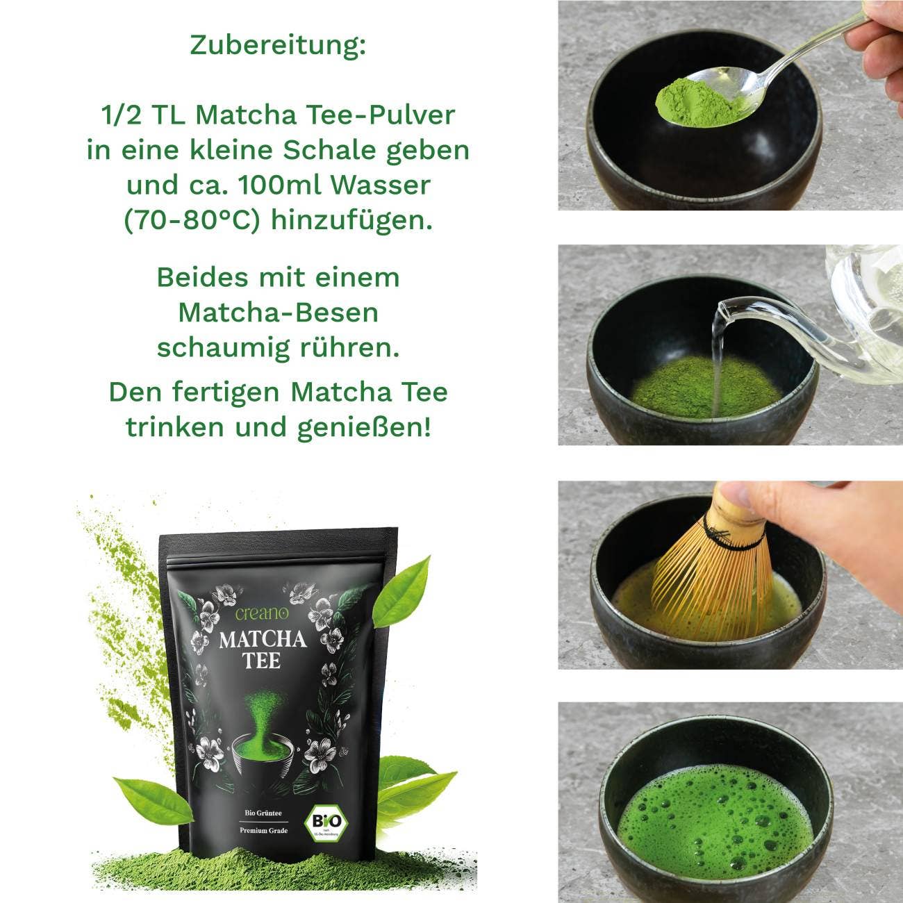 Creano Ekologiška Matcha Arbata - Premium Žalioji Arbata 100 g - Image 4